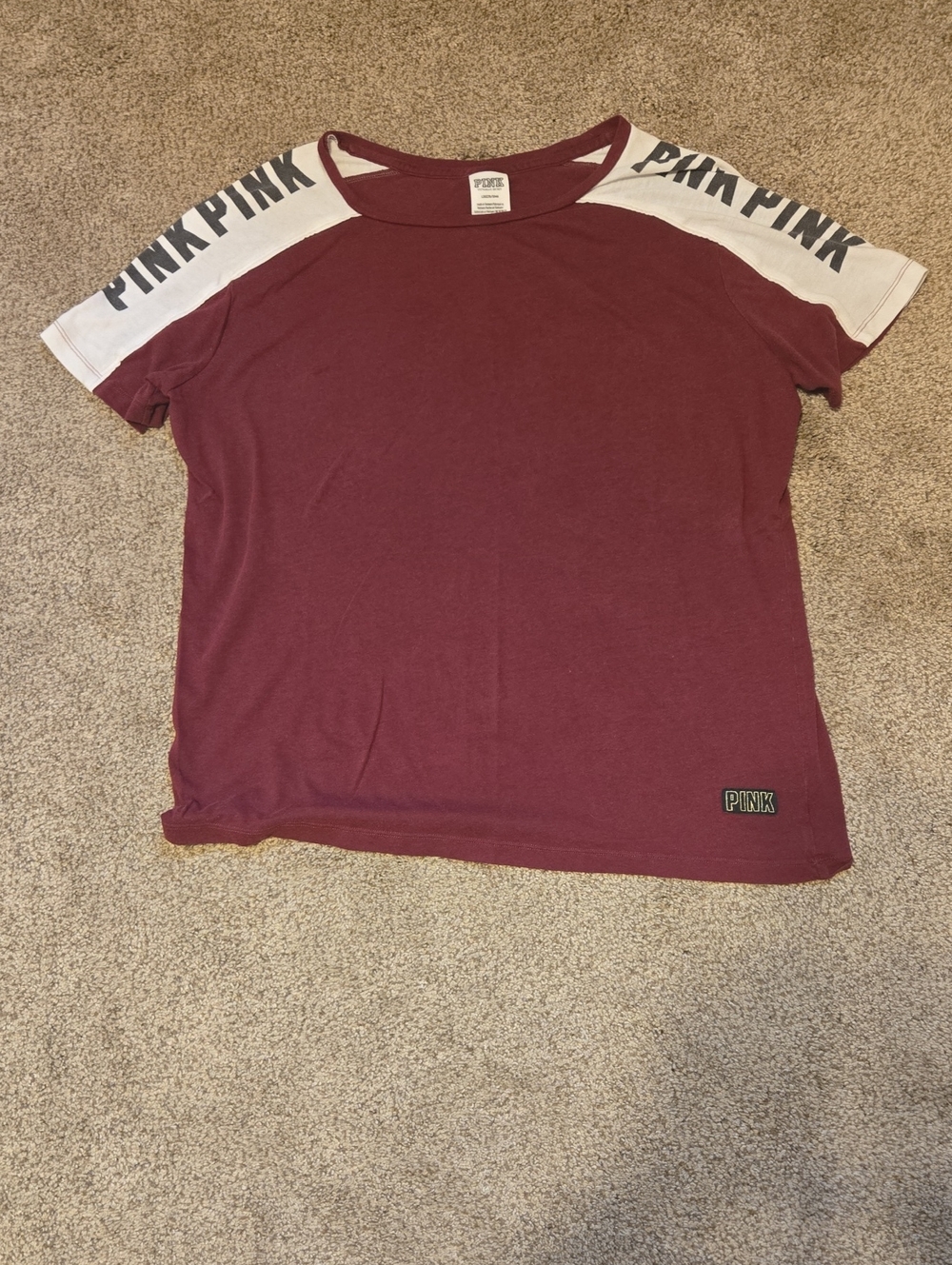 PINK Victoria's Secret Burgundy and White Short Sleeve Tee